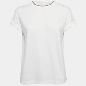 Brunello Cucinelli White Cotton Neck Detail Roll-Up Sleeve Top M