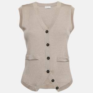 Brunello Cucinelli Beige Rib Knit Button Front Cardigan XS