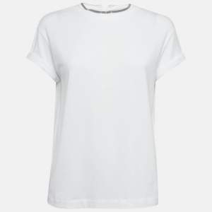 Brunello Cucinelli White Cotton Embellished Neck Top S