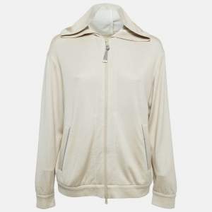 Brunello Cucinelli Beige Embellished Cotton Blend Zip-Up Hoodie M