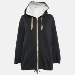 Brunello Cucinelli Dark Grey Cotton Knit Monili Bead Detail Hoodie M
