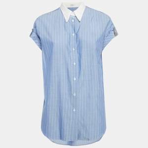 Brunello Cucinelli Blue Stripe Cotton Monili Bead Detail Shirt M