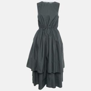 Brunello Cucinelli Grey Cotton Blend Drawstring Tiered Midi Dress M