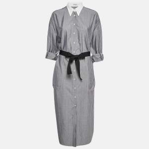 Brunello Cucinelli Grey Stripe Cotton Button Front Midi Dress L