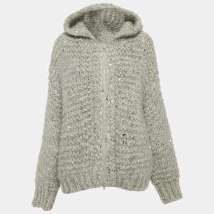 Brunello Cucinelli Grey Sequin Wool Zip-Up Cardigan M