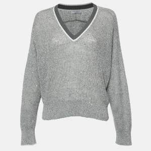 Brunello Cucinelli Grey Sequined Knit V-Neck Jumper S