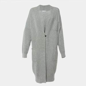 Brunello Cucinelli Grey Sequin Lurex Rib Knit Long Cardigan M