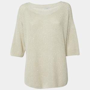Brunello Cucinelli Beige Sequin Rib Knit V-Neck Sheer Sweater L
