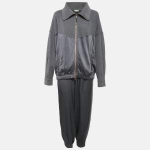 Brunello Cucinelli Grey Satin and Cotton Knit Jacket and Jogger Pants Set M