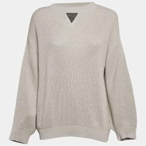 Brunello Cucinelli Grey Lurex Rib Knit Monili Detail Sweater L