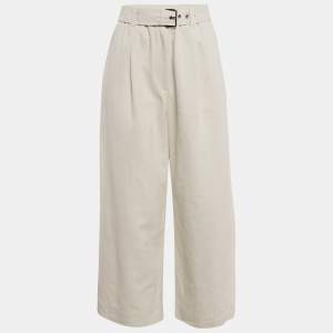 Brunello Cucinelli Off-White Cotton Blend Belted Wide-Leg Trousers S