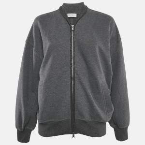 Brunello Cucinelli Grey Cotton Knit Monili Bead Detail Zip-Up Jacket M