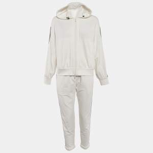 Brunello Cucinelli White Cotton Knit Monili Bead Detail Jacket and Pants Set S