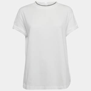 Brunello Cucinelli White Monili Trim Jersey T-Shirt L