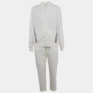 Brunello Cucinelli White Cotton Knit Monili Bead Detail Jacket and Joggers Set L