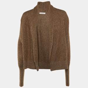 Brunello Cucinelli Grey/Metallic Wool Knit Open Front Cardigan S