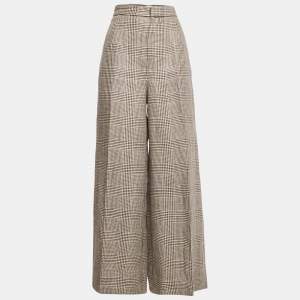 Brunello Cucinelli Cream Houndstooth Linen Wide-Leg Trousers M