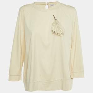 Brunello Cucinelli Beige Cotton Knit Brooch Detail Sweater XL