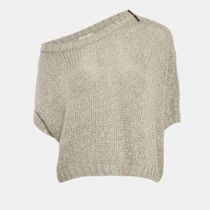 Brunello Cucinelli Grey Sequin Rib Knit Short Sleeve Sweater L