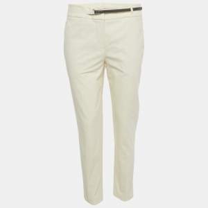 Pre Owned Brunello Cucinelli Cream Cotton Monili Belt Detail Trousers M Waist 32"