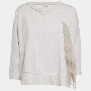 Pre Owned Brunello Cucinelli Grey Cotton Jersey Ruffled Monili Pocket Detail Sweatshirt XS