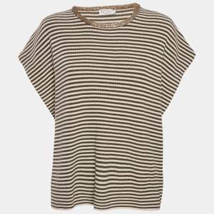 Pre Owned Brunello Cucinelli Brown Stripe Knit Embellished Sweater M