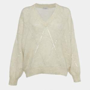 Pre Owned Brunello Cucinelli Cream Sequin Embellished Wool Jumper S
