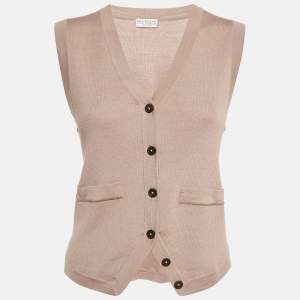 Pre Owned Brunello Cucinelli Beige Rib Knit Sleeveless Monili Bead Detail Cardigan S