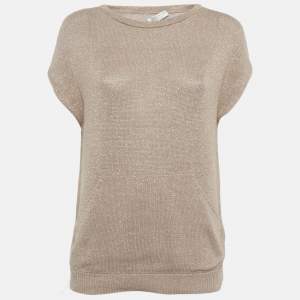 Pre Owned Brunello Cucinelli Beige Lurex Rib Knit Top XS 