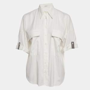 Pre Owned Brunello Cucinelli White Cotton Blend Embellished Trim Short Sleeve Shirt S 