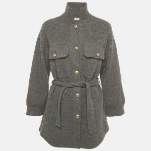 Pre Owned Brunello Cucinelli Grey Rib Knit Belted Jacket S