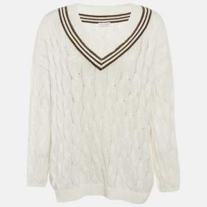 Pre Owned Brunello Cucinelli White Cable Knit Contrast Monili Detail V-Neck Sweater L