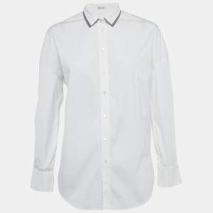 Pre Owned قميص برونيلو كوتشينيللي قطن ممزوج مزين بحافة الياقة أبيض مقاس وسط