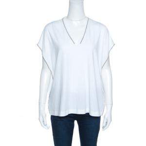 Brunello Cucinelli White Cotton Monili Trim Kaftan Top XXL