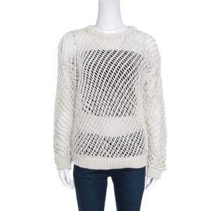 Brunello Cucinelli Cream Chunky Open Knit Cotton Long Sleeve Sweater L