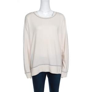 Brunello Cucinelli Cream Cashmere Contrast Piped Dolman Sleeve Sweater XL