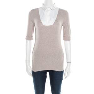 Brunello Cucinelli Beige Collar Yoke Ribbed Sweater Top M