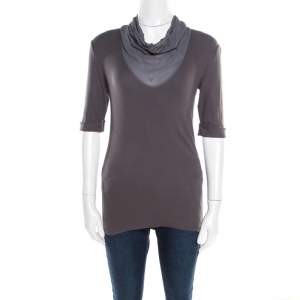 Brunello Cucinelli Dark Grey Cotton Rib Knit Monili Trim Cowl Neck Top XL