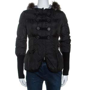 Brunello Cucinelli Black Fur Collar Ribbed Trim Peplum Puffer Jacket S