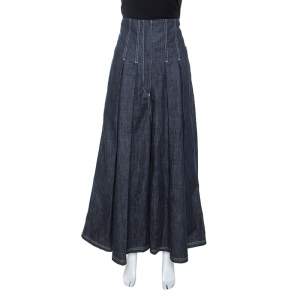 Brunello Cucinelli Blue Denim Pleated Wide Leg High Waisted Trousers M