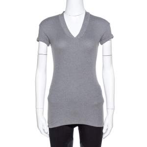 Brunello Cuccinelli Grey Rib Knit Beaded Neck Fitted Top S