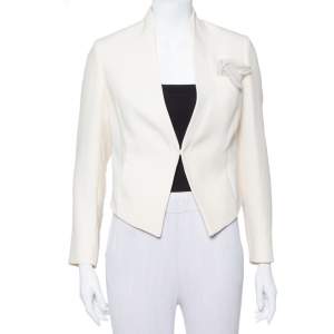 Brunello Cucinelli Cream Wool Crepe Asymmetric Hem Cropped Blazer S