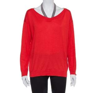 Brunello Cucinelli Red Cashmere & Silk  Embellished Neck Detail Top M