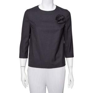 Brunello Cucinelli Charcoal Grey Wool Floral Applique Detail Top S