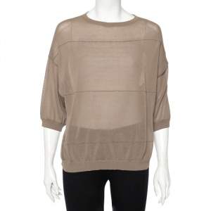 Brunello Cucinelli Light Brown Knit Embellished Detail Oversized Top M 