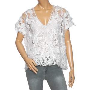 Brunello Cucinelli Off White Floral Embroidered & Embellished Open Knit Top S