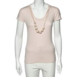 Brunello Cucinelli Pink Cashmere and Cotton Knit Neck Trim Detail T-Shirt L