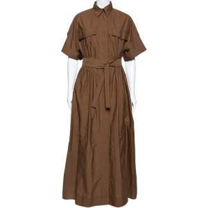 Brunello Cucinelli Brown Cotton Button Front Belted Dress S 