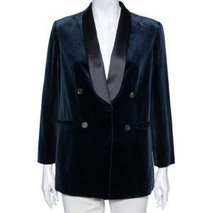 Brunello Cucinelli Blue Velvet & Satin Lapel Detailed Double Breasted Blazer M
