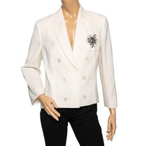 Brunello Cucinelli Cream Linen & Wool Embellished Detail Double Breasted Blazer L